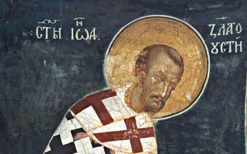 Свети Јован Златоусти, фреска из олтарске апсиде Дечанске цркве (око 1340.)
