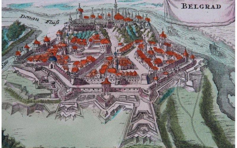 Београд на карти из 1717. године (J. В. Homan, Neu Geographisch Vorgestelltes Ungarisches Kriegs-Theatrum in Servien und dem Bannat Temeswar, Nürnberg, 1717. Карта се чува у Народној библиотеци Србије под сигнатуром КR-II-434)