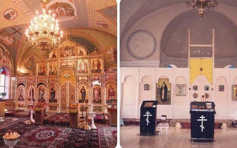 унутрашњост цркве светог Александра Невског у војној болници у Одеси сада и пре преузимања од стране УПЦ