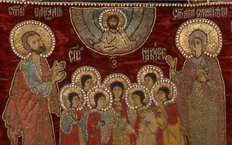 седам мученика Макавеја Авим, Антонин, Елеазар, Гурије, Евсевон, Алим и Маркел, њихова мајка света Соломонија и њихов учитељ свети Елеазар (детаљ литургијског вела „Јављање Богородице Светом Сергију и празници”)