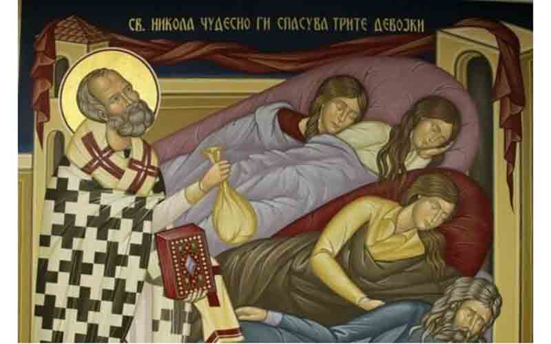 Свети Никола спасава три осиротеле сестре, новија руска фреска