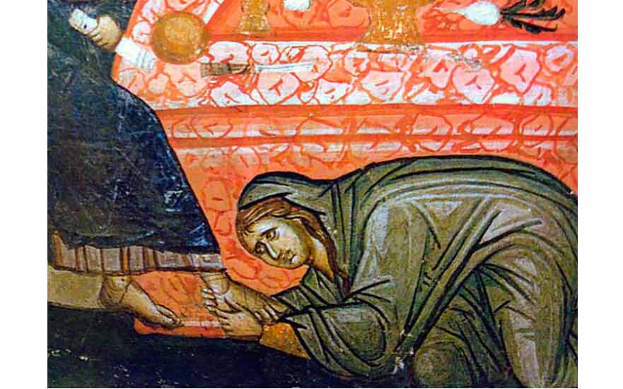 Христос и блудница, Рубљов, Жена помаза Христово тело миром, и тако претече Никодимову смирну и алоју.