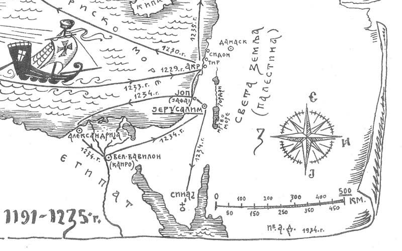 фрагмент карте А.Дерока "Путовања Светог Саве", Викизворник